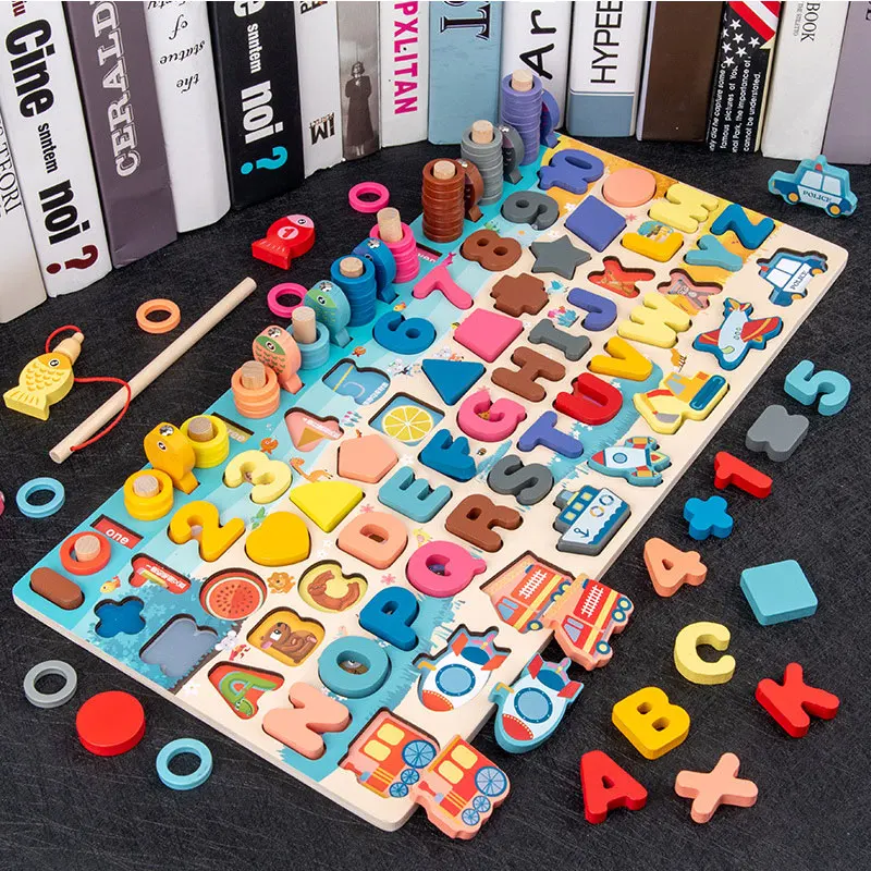 Wooden Puzzle Stacking Geometric Custom Baby Toys Blocks And Puzzles Logarithmic Board Shapes Matching Block Game