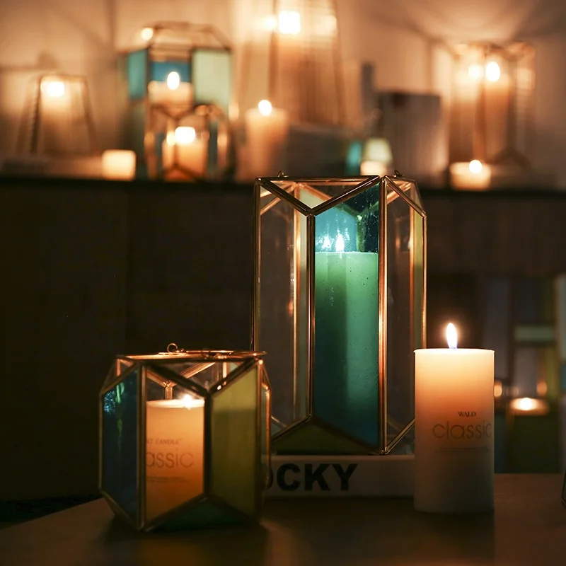 Bixuan Candle Lanterns Sea Blue Stained Church Glass Brass Frame Hanging Tea Light Holder Polyhedral Candle Lamp