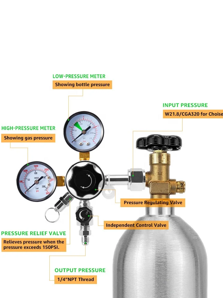 Professional High Pressure Soda Water W21.8  Co2 Regulator 0-150 Psi Soda Bottle Cylinder Regulator