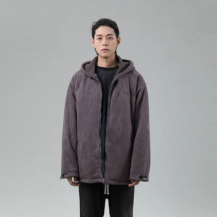 GRKC latest design reversible gray hooded oversized waterproof jackets suede and sherpa stitching winter coats