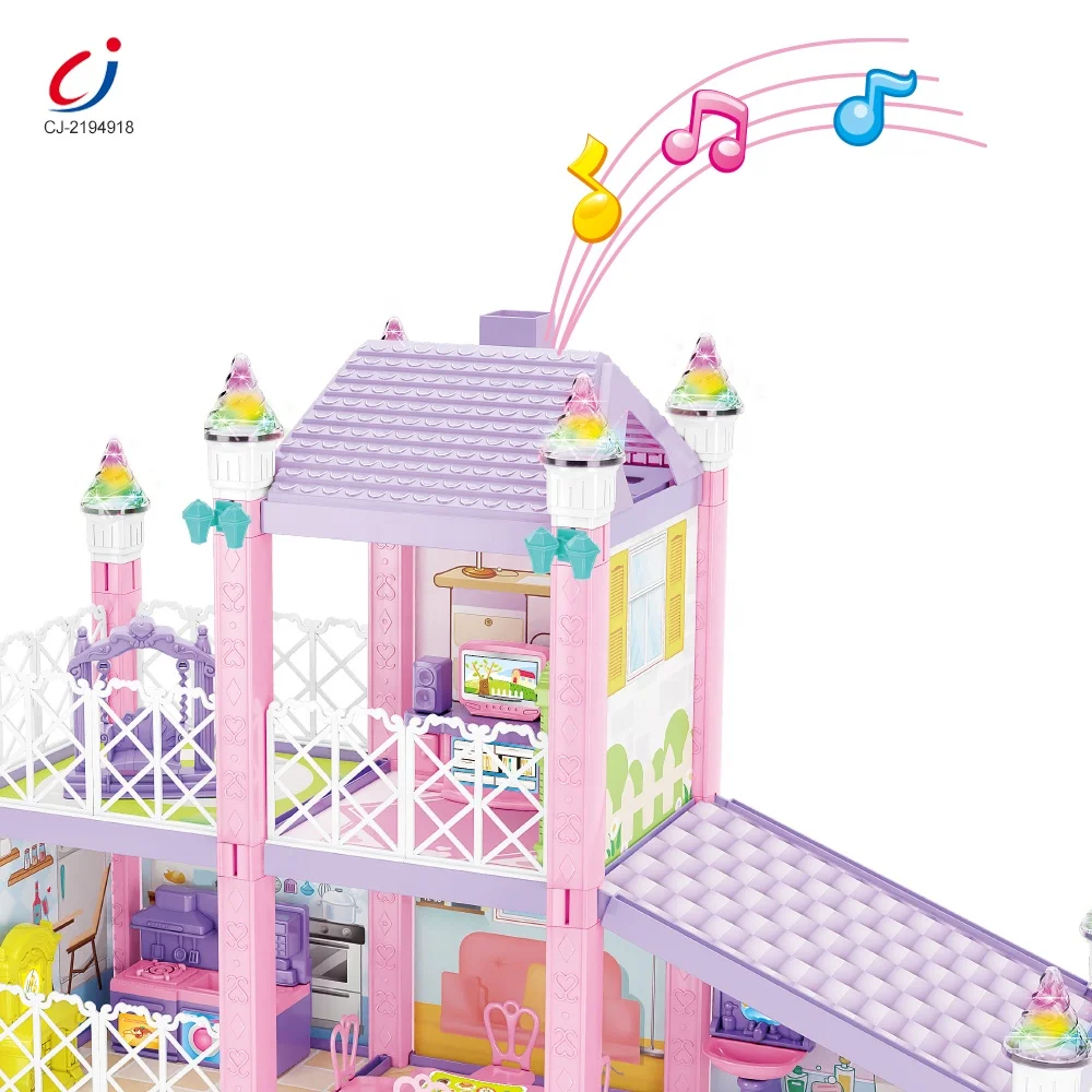 Kids play plastic hand-assembled building blocks sets diy miniature furniture doll villa house girls toys doll house with light