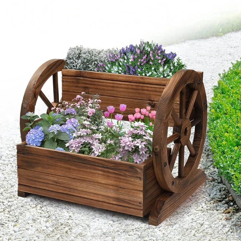 Wooden Wagon Planter Box Decorative Wood Cart Flower Pot Wagon Planter Rustic Garden Decor with Wheels for Indoor Outdoor Decor