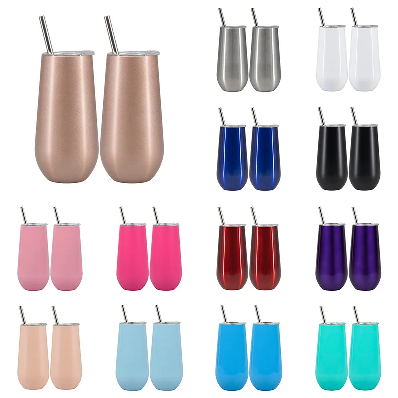 6oz 9oz 12oz Custom Logo Print Vacuum Insulated Wine Tumbler Mug Stainless Steel Powder Coated Stemless Wine Tumbler With Lid