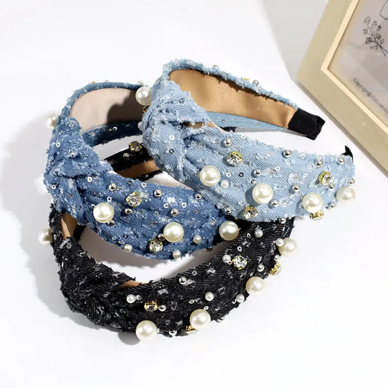 New Arrival Fashion Bow Knot Denim Hiar Band for Women Bling Crystal and Pearls Decorated Denim Headband in Hairbands