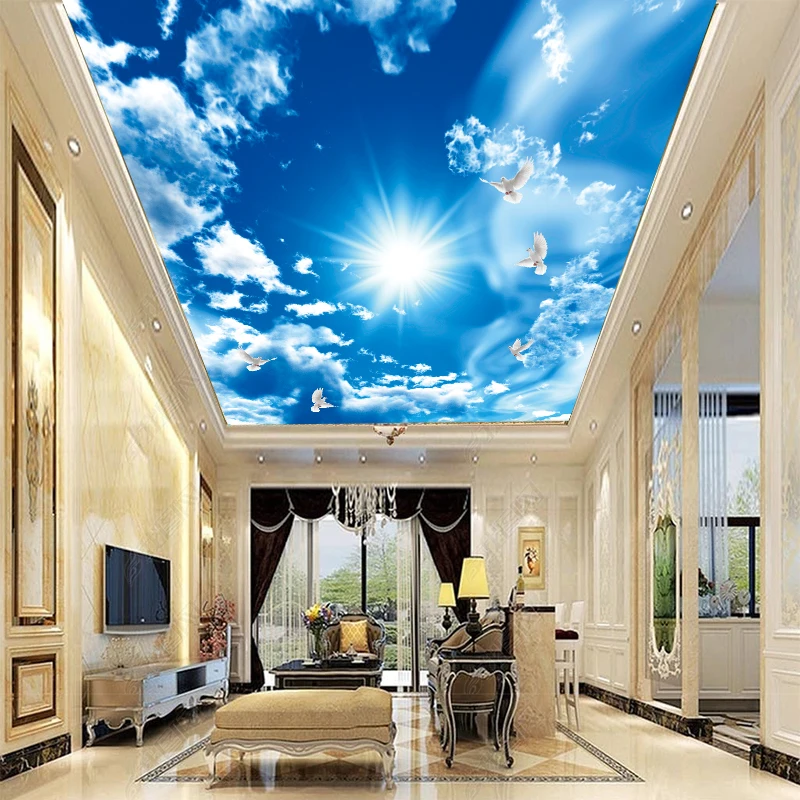 Blue Sky 3d Wallpaper For Home Decoration White Clouds Wall Mural Sky Ceiling Wallpaper