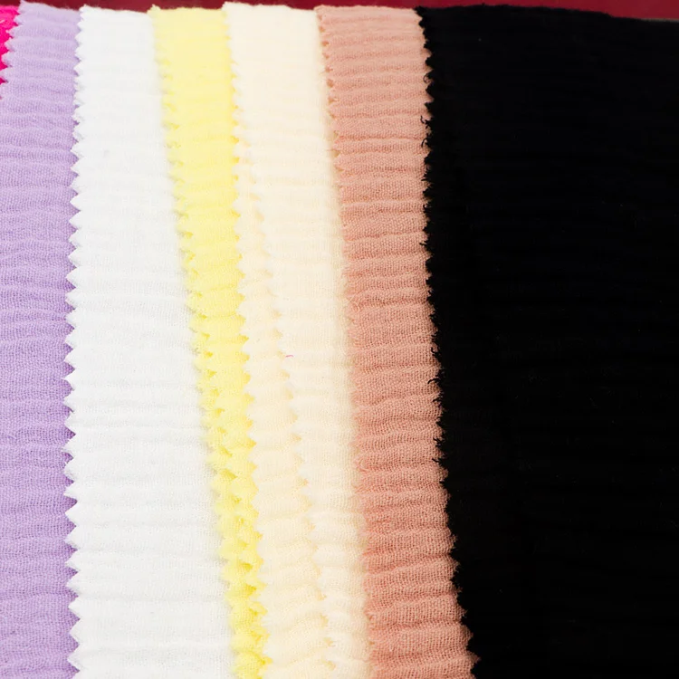 Many color plain dyed 100% cotton woven pleated crepe airflow double gauze fabric for baby dress sleepwear