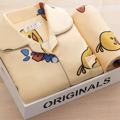 Cheap Women Sleepwear Lapel Milk Silk Fabric Turn-down-neck Loungwear Pajamas Cartoon Long Sleeve Trousers 2Pcs Sets Pjs