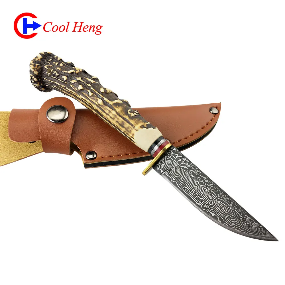 Wholesale CH1606 Damascus steel pattern+Simulated antlers handle Outdoor camping hunting knife Fixed edge knife