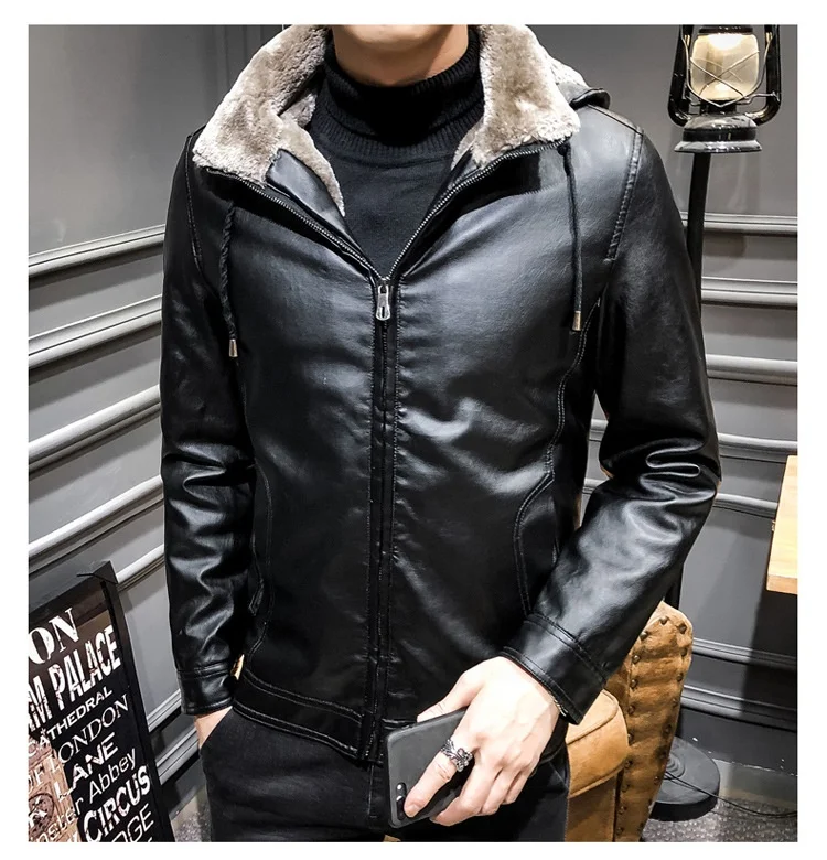 New Style OEM Raidyboer Solid Color Elegant Fleece PU Jacket with Stand Collar and Hood for Men