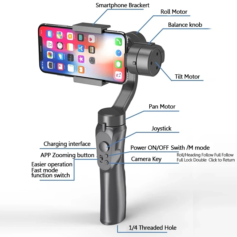 F6 Smart Phone Stabilizer tripod head Handheld Mobile Phone selfie stick Anti-shaking Rotatable 3 Axis Gimbal Stabilizer