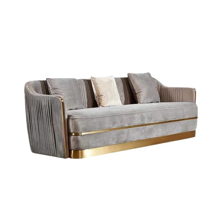 Modern home furniture 3-seater couch corner sofa with stainless steel base luxury velvet tufted sofa set for living room
