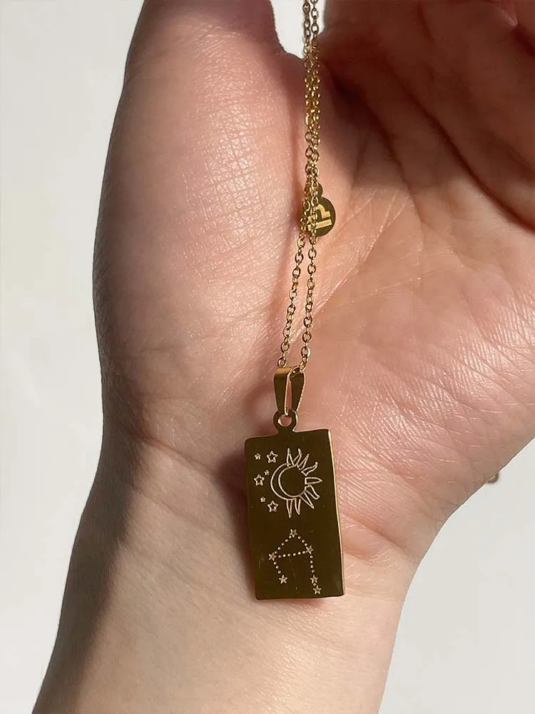 Personalized Astrology Square 12 Zodiac Tarot Card Deck Jewelry Custom Gold Stainless Steel Zodiac Sign Pendant Necklace