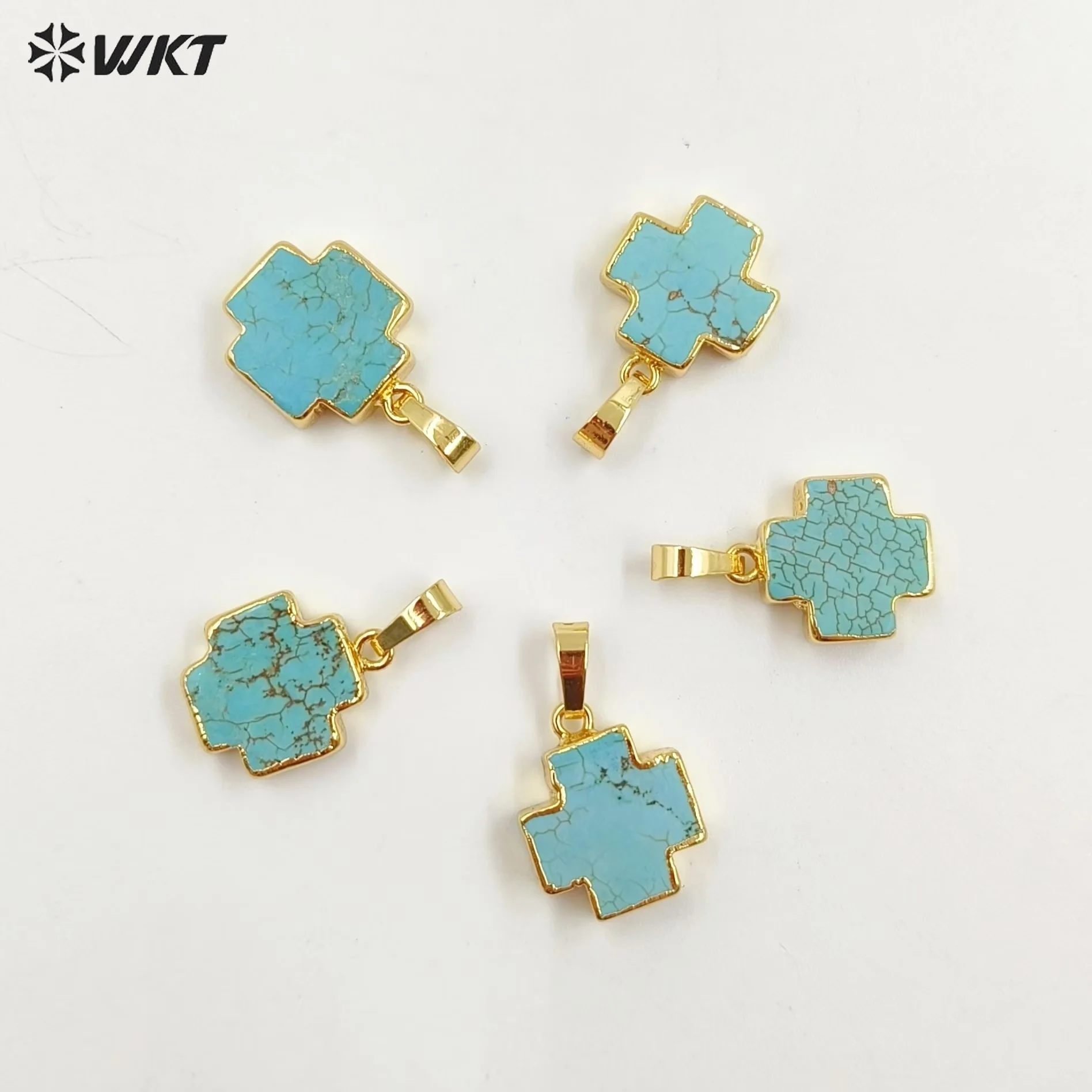 WT-P952 Vintage 18K Real Gold Plated Natural Turquoise Made Cross Pendant Bohemian Green Stone Jewelry Charms For Necklace