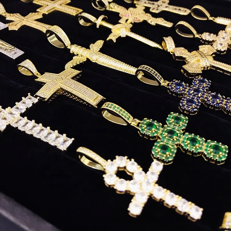 Iced Out Fast Delivery Cross Pendant Necklace Hip Hop 14k Gold Plated Zircon Cross Pray Jewelry Pendants