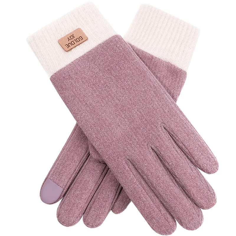 Winter new knitted touch screen mittenss women with fleece and thick outdoor windproof warm cationic self-heating finger cover