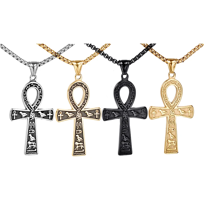 Wholesale Ancient Egyptian Hieroglyphic Symbol Jewelry Stainless Steel Large  Cross Pendant Ankh necklace for men