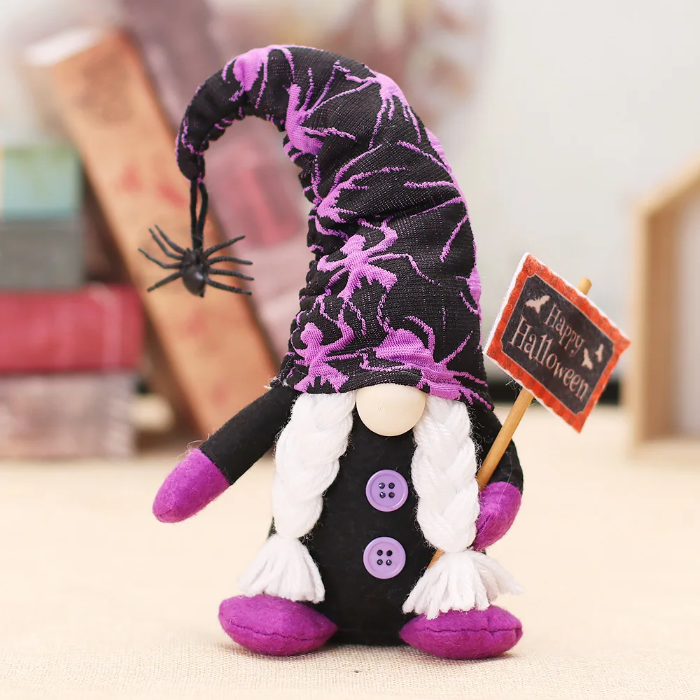 New Pumpkin Spider Print Faceless Dolls Couple Gnome Holding Broom And Sign For Happy Halloween Decorations Standing Plush Dwarf