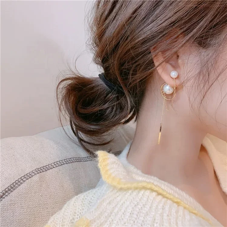 2021 Korean version of 925 needle long dangle pendant pearl gold hoop earrings