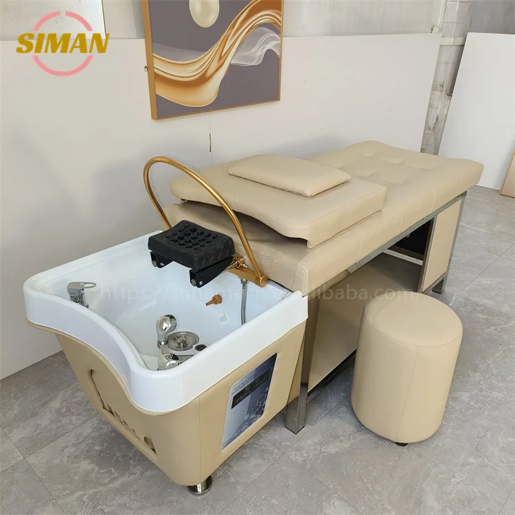 Siman shampoo bed with water circulation and steamer portable shampoo sink with large storage cabinet stainless steel bed frame