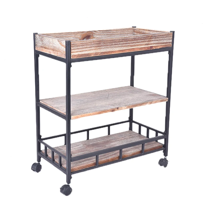 3 Tiered Wooden Metal Drink Serving Bar Cart With Wheel