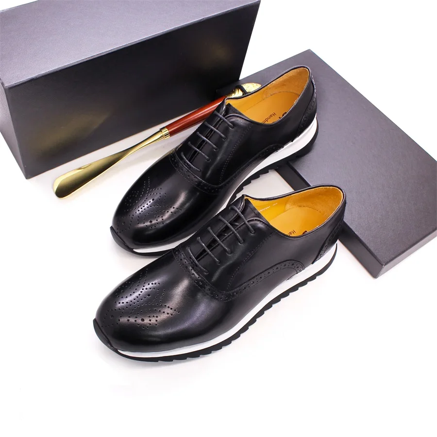 Premium High Quality Genuine Cow Leather Lace-UP Sneakers for Men Handmade Comfortable Casual Walking Style Men Shoes