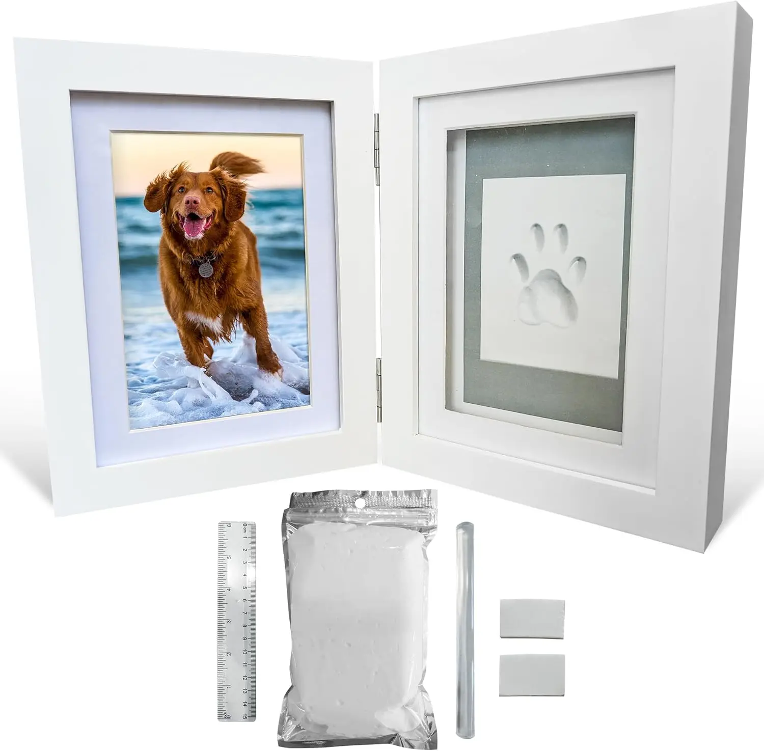 Pet Paw Print Keepsake Kit Wooden Photo Frame with Pet Paw Print Imprint Kit Memorial Clay Imprint Kit for Dog or Cat