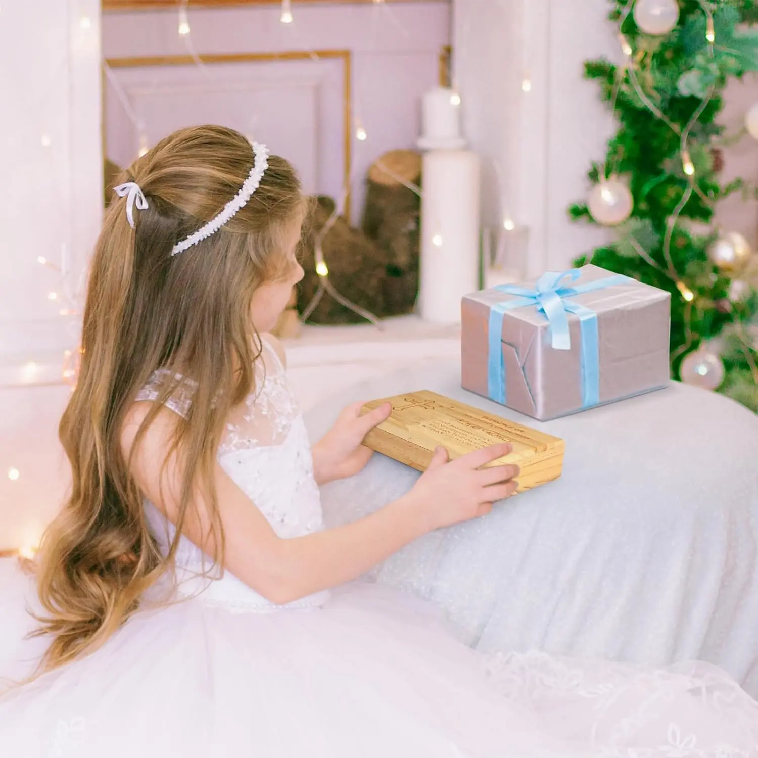 Wooden Engraved First Communion Valet Cross Rosary  Box for Rosary Beads, Keepsakes, Small Jewelry