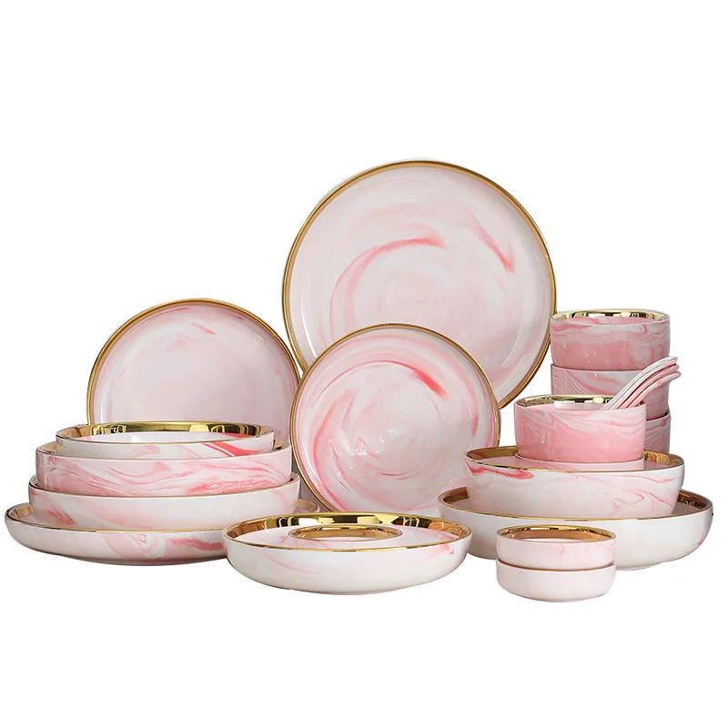 Wholesale ceramic pink marble design dinnerware sets luxury plates sets dinnerware