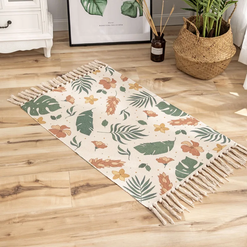 60*90cm Boho Geometric Plant Flower Animal Printed Rug Decorative Cotton Rope Hand Woven Floor Mat with Tassels