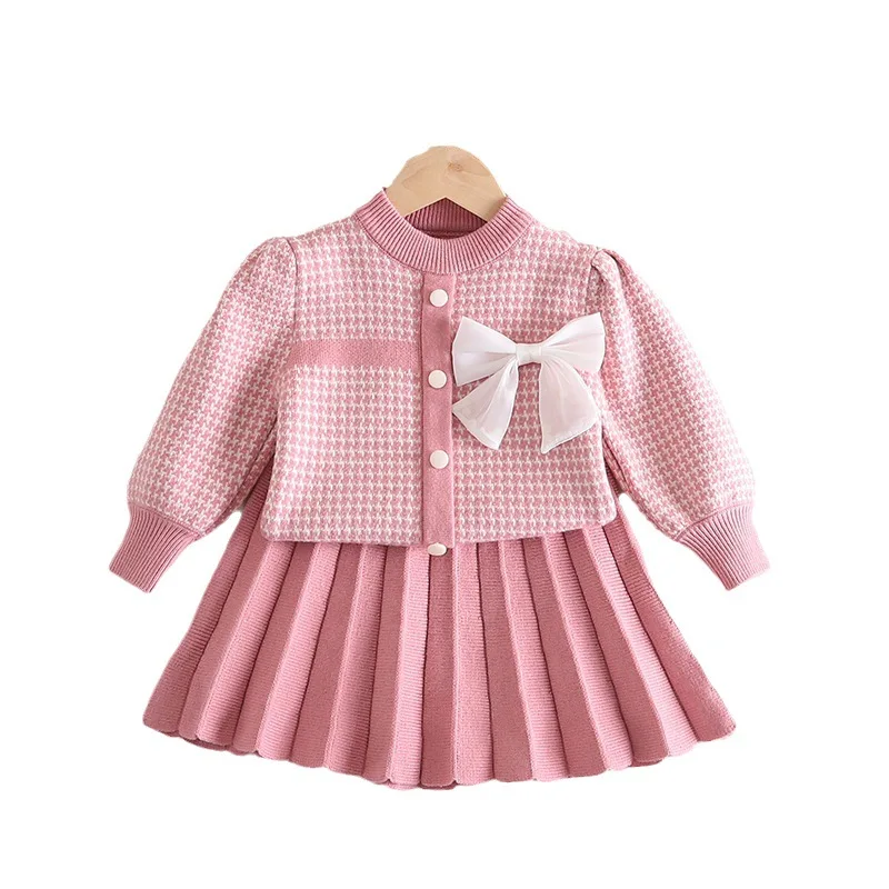 Girls Designer New Solid Sweater Plaid Pleated Skirt Autumn Winter Bow Knitting Two Pieces Long Bubble Sleeves Kids Wear