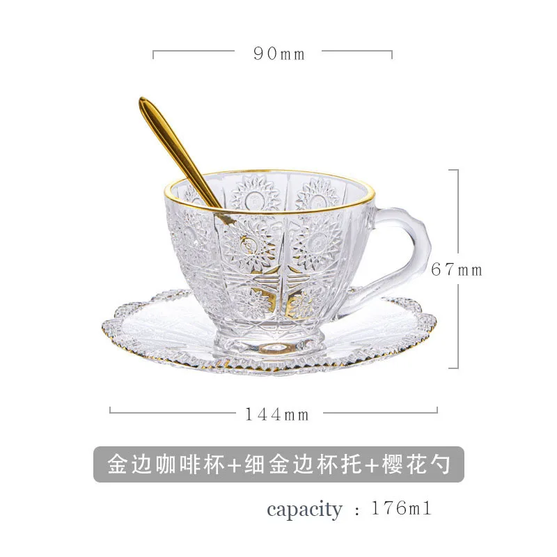 Wholesale European Retro Relief Sunflower Breakfast Cup Glass Coffee Cup And Saucer With Spoon