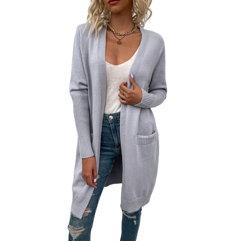 2022 Factory outlet womens large pockets solid color V-neck unbuttoned long cardigan for ladies