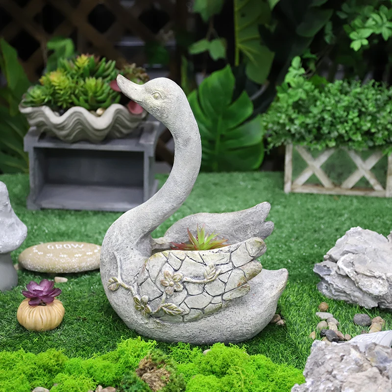 Redeco Cute High Quality Magnesia Garden Swan Statue Magnesium Oxide Swan Planter Resin Pot For Wholesale