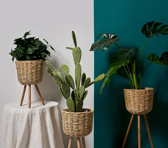 wicker plastic 2023 Hot sell handwoven corn bran plant pots indoors with wood stand wholesale