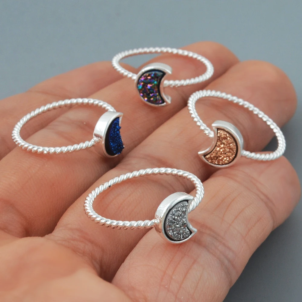 ZG0295 Hot Sales Crescent Gold Plated Natural Agate Titanium Rainbow Druzy Bezel Ring Moon Ring Jewelry
