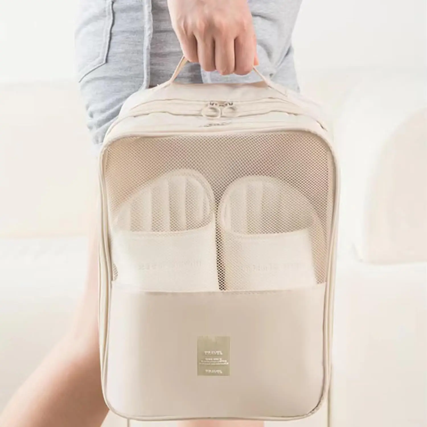 Wholesale compartment  travel zipper waterproof champagne gold bag and shoe set