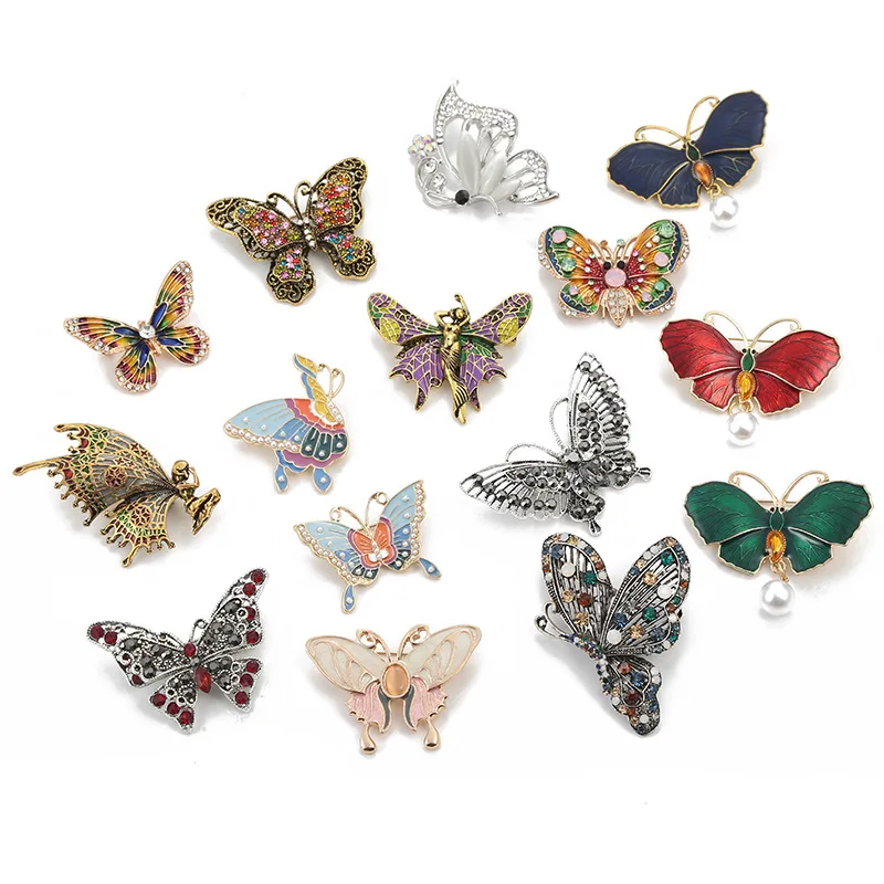 western retro women jewelry luxury crystal rhinestone 3D artificial butterfly plating pearl hijab pin lapel brooches for garment