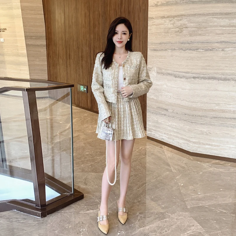 Celebrity Temperament Small Fragrance Short Coat Set Autumn New Pleated Skirt Heavy Work Two Piece Set SR70110139