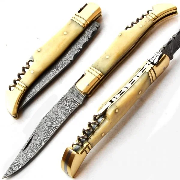 
 Дамасский складной нож LAGUIOLE ручной работы, дизайн под заказ, с красивой ручкой в виде Верблюжьей Кости и удивительной работой с напильником  