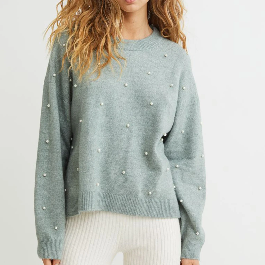 2023 Design Fall Winter Fashion Soft Knit Crew Neck Loose Ladies Sweater With Pearl Decoration