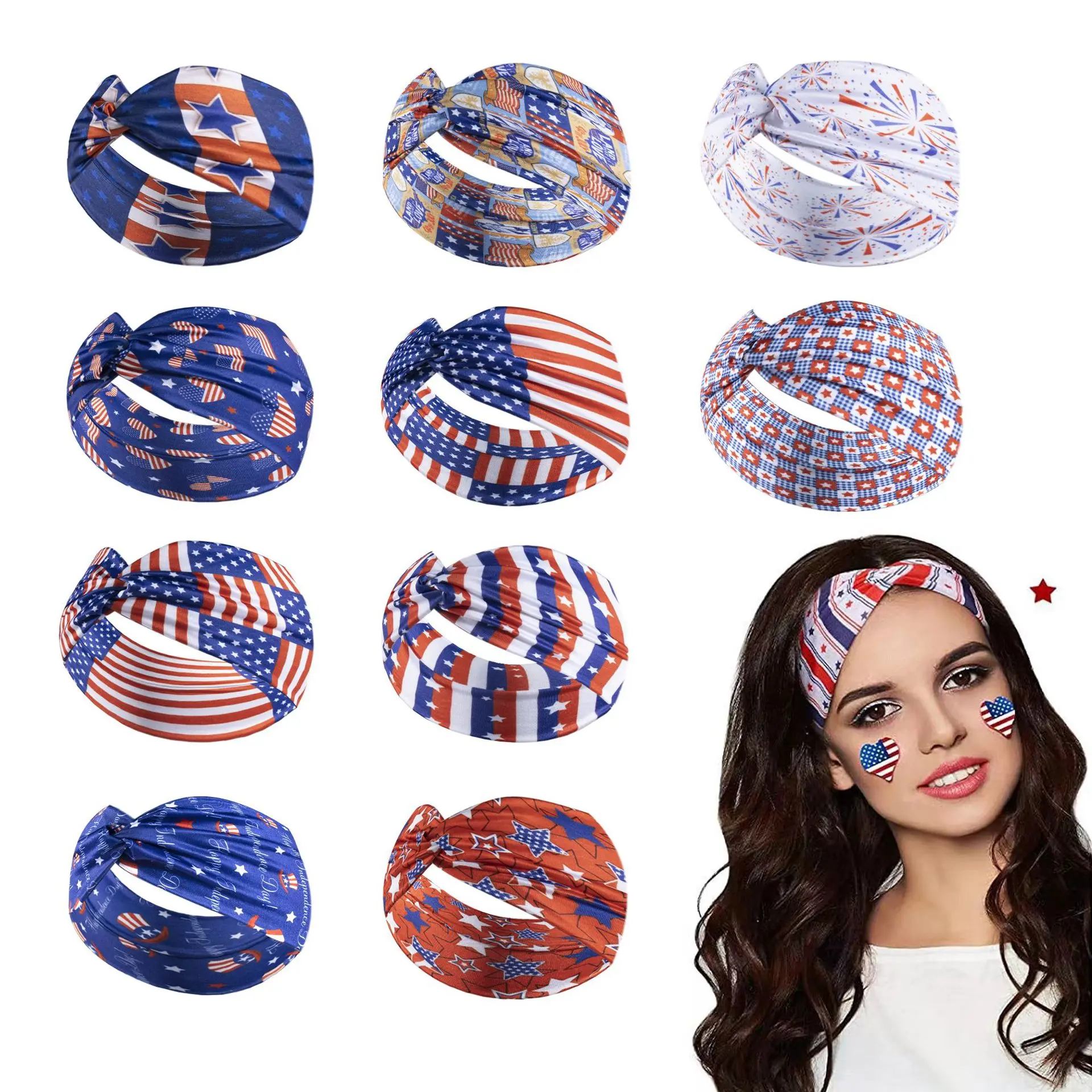 American Flag Independence Day Stretch Headband Vintage Star Party Decoration Sport Sweat Wicked Cross Knot Wide Headband