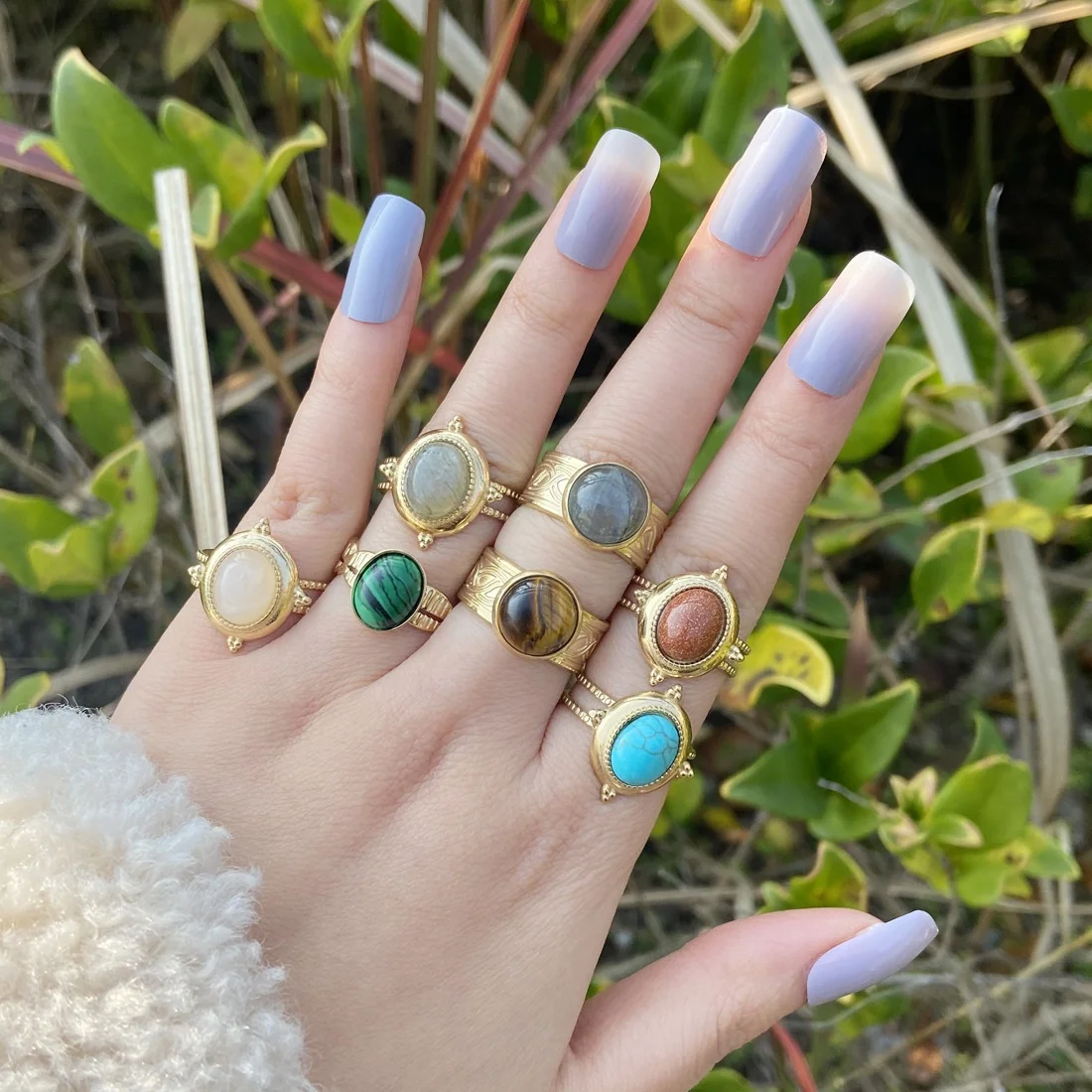 Stainless Steel Natural Stone Gold Plated Finger Ring for Women Adjustable Size Jewelry Rings