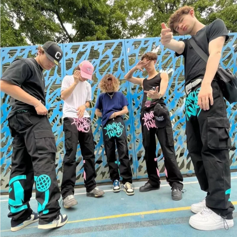 American Fashion Retro Wide Leg Pants Pocket Printed Overalls Hip Hop Y2K Cargo Pants Men