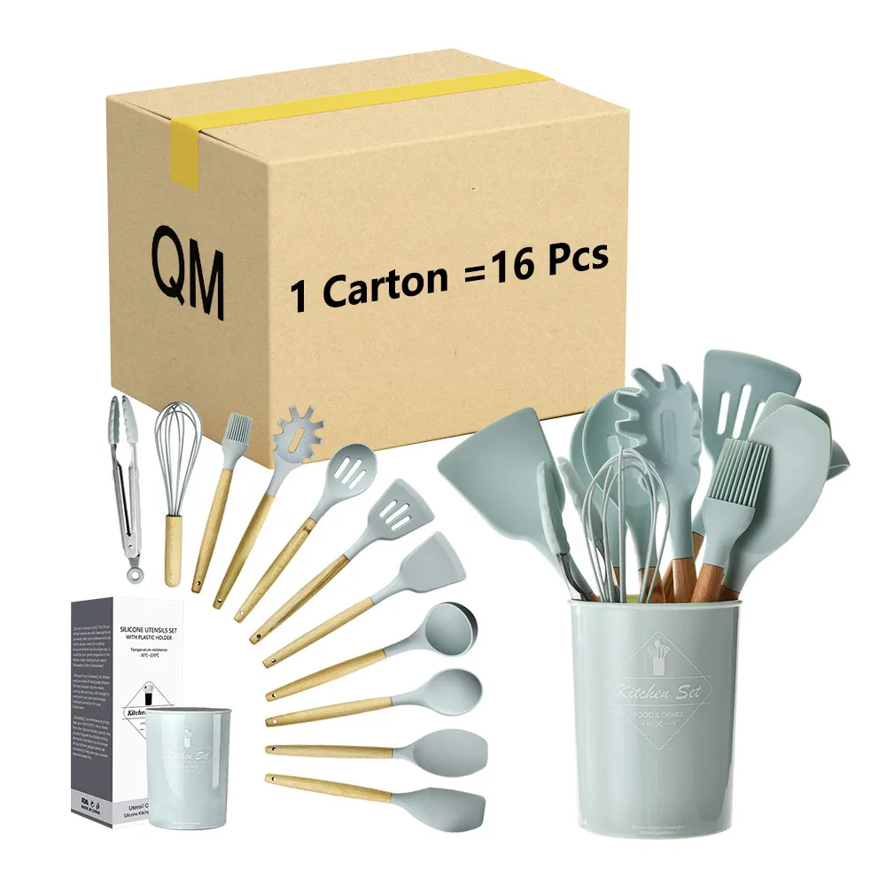 Wholesale 12 Pcs Silicone Kitchen Accessories with Wooden Handle Eco-friendly Kitchenware Cooking Tools Baking Utensils Set