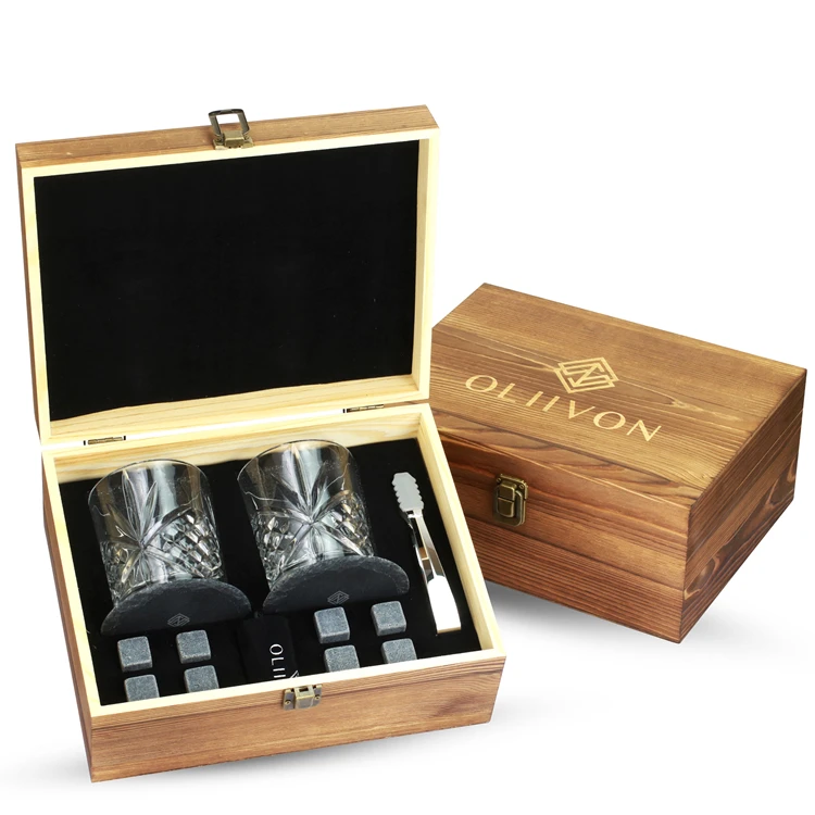 Hot Selling Vintage Creative Round Shaped Lead Free Crystal Whiskey Glass Set Wooden Gift Box For Whiskey Bourbon