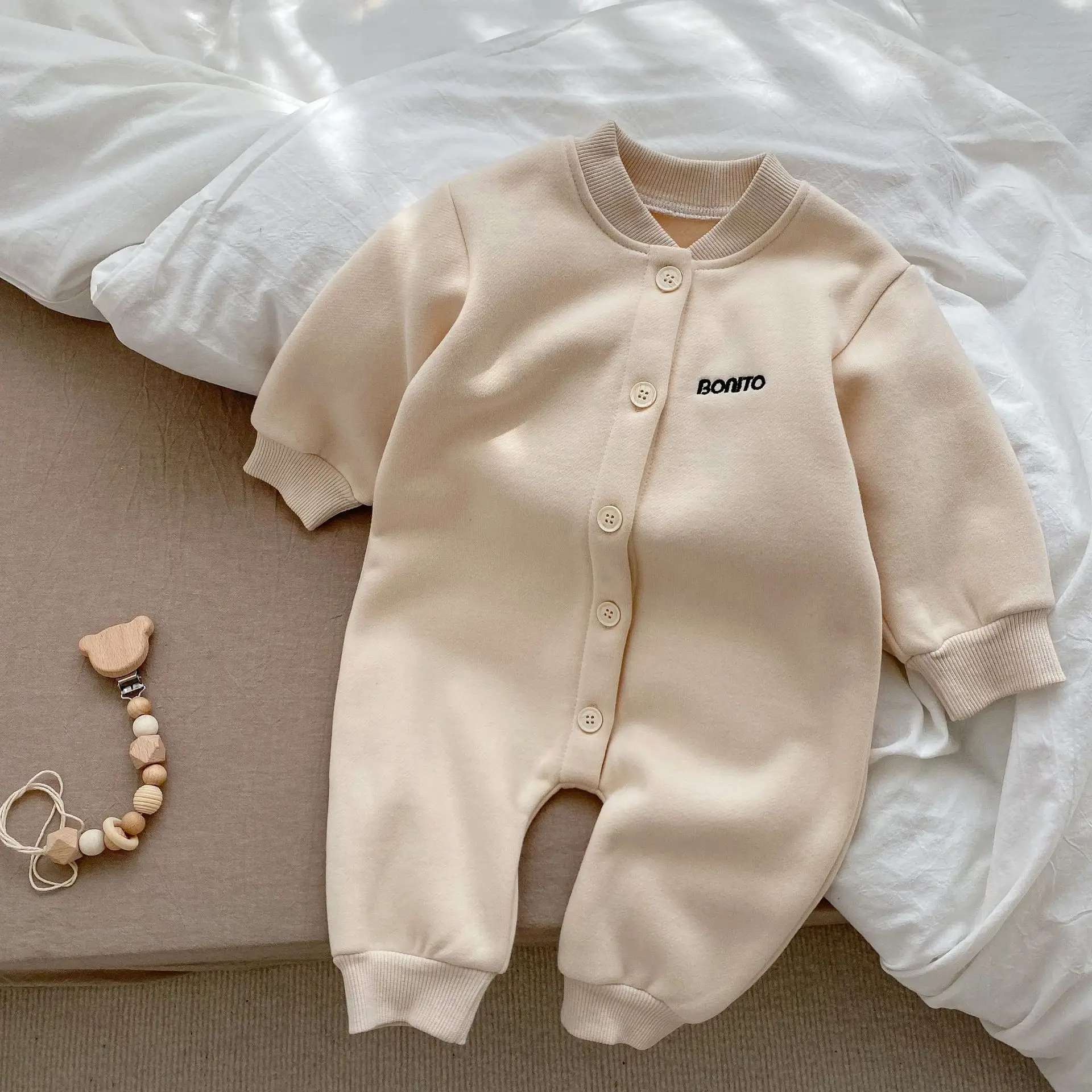 Newborn clothes thickened winter baby solid color bodysuit plush baby long sleeve jumpsuit