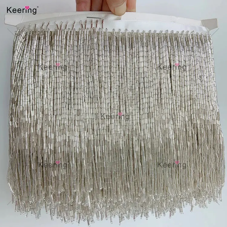 Small MOQ Fast Shipping Keering In Stock Dress Glass Ribbon fringe beaded tassel trim 15cm For Shirt