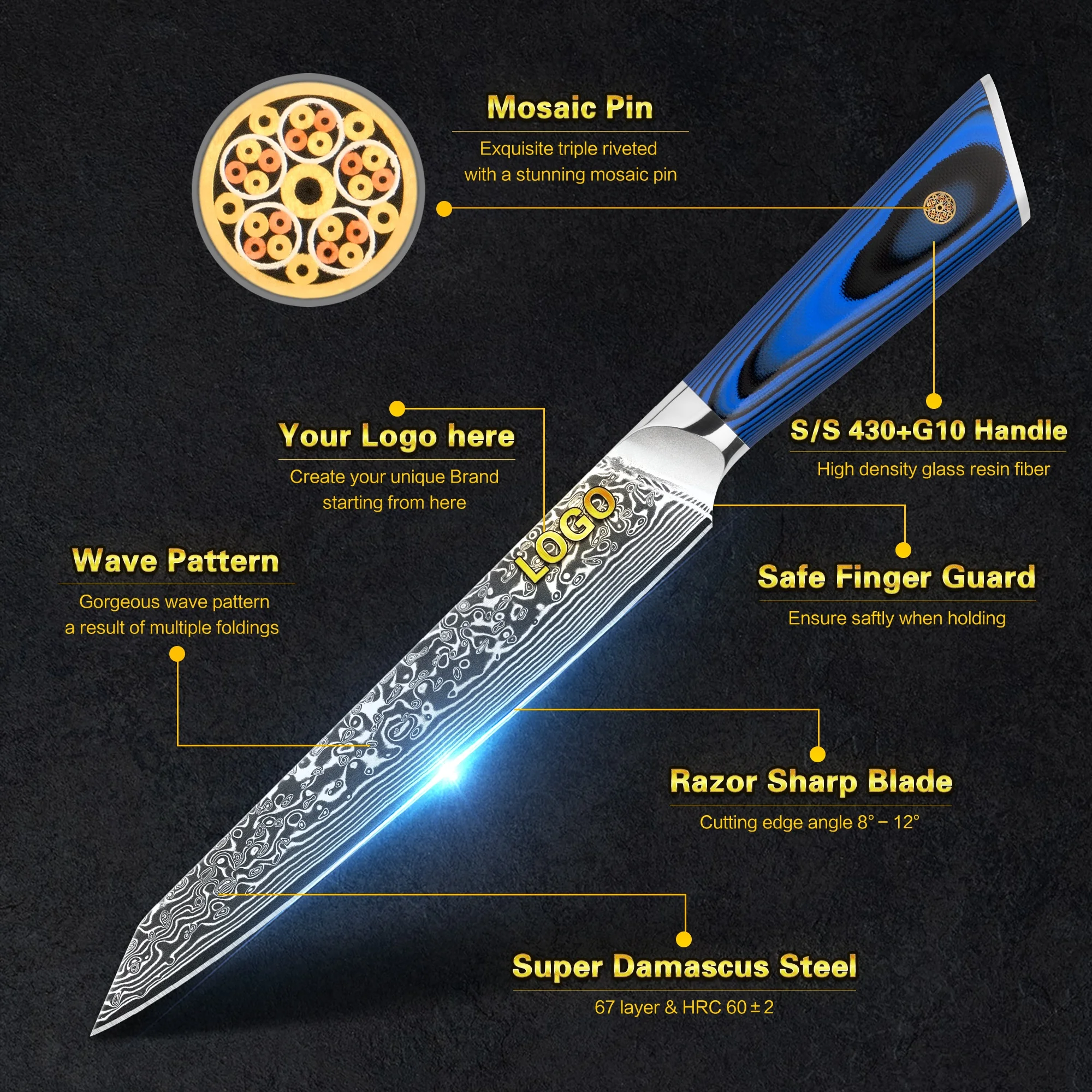 Blue G10 Handle 8 Inch Damascus steel 67 Layers VG10 Japanese Chef Knives Meat Carving Steak Slicing Knife For Amazon