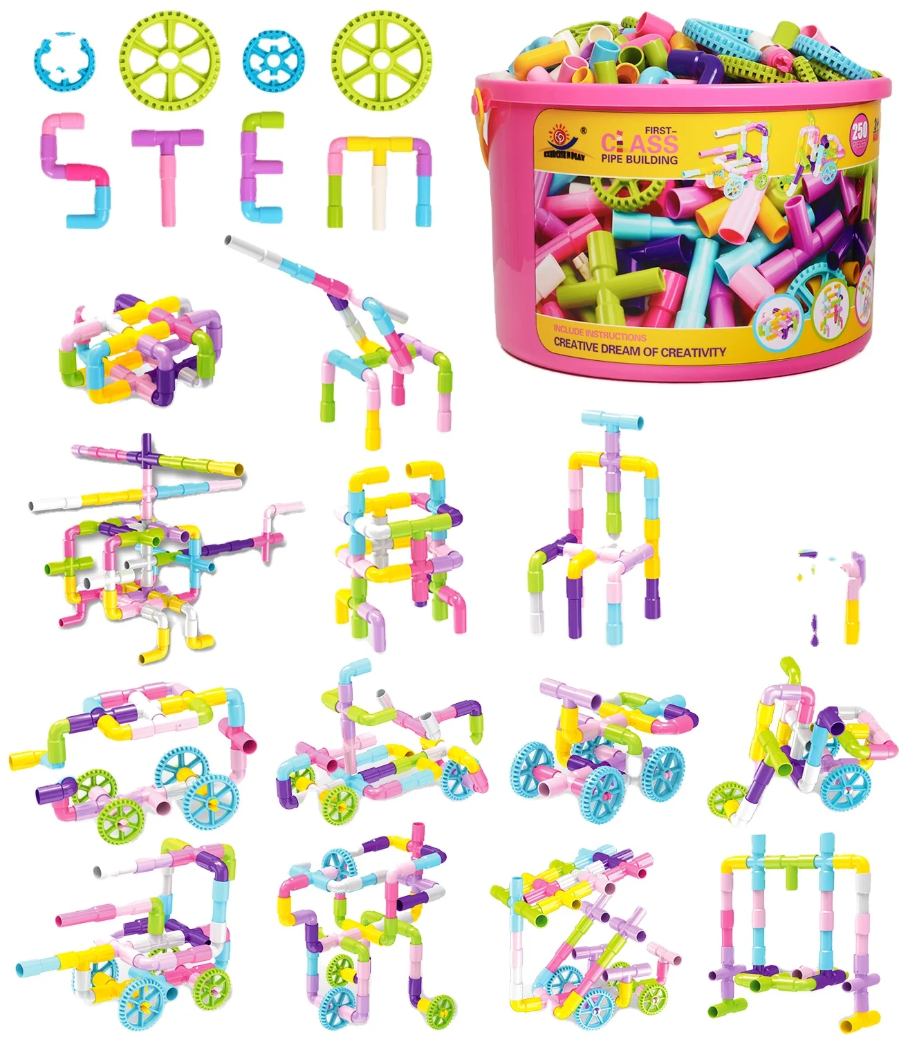 250PCS Pipe Construction Building Bocks Set Educational STEM Building Learning Tube Sensory Toys with Wheels for Kid Boys Girls