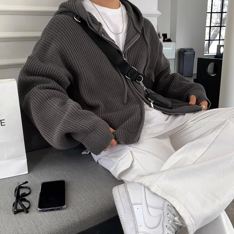 Зимняя одежда Корейский мужской роскошный вязаный кардиган модный свитер с капюшоном на молнии